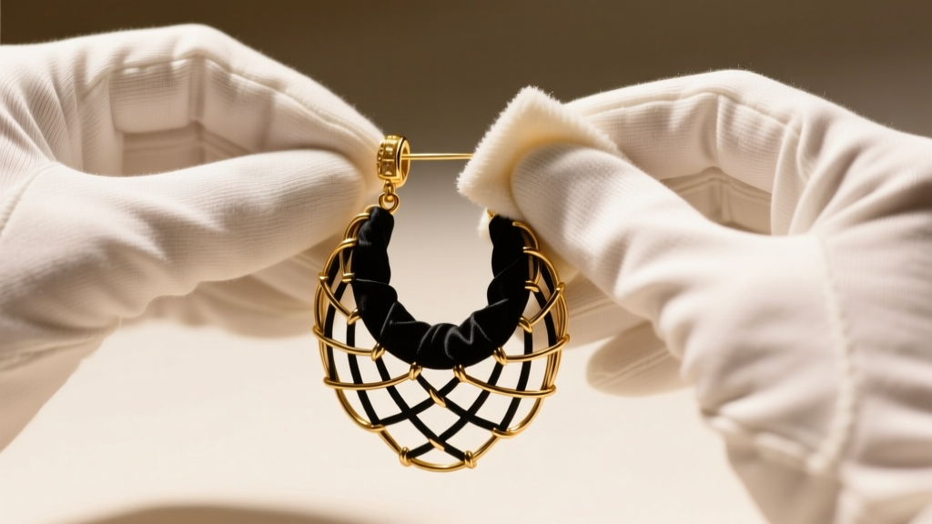 Hands wearing white cotton gloves carefully polishing a vintage 18k gold and black silk Elsa Peretti mesh earring with a cloth