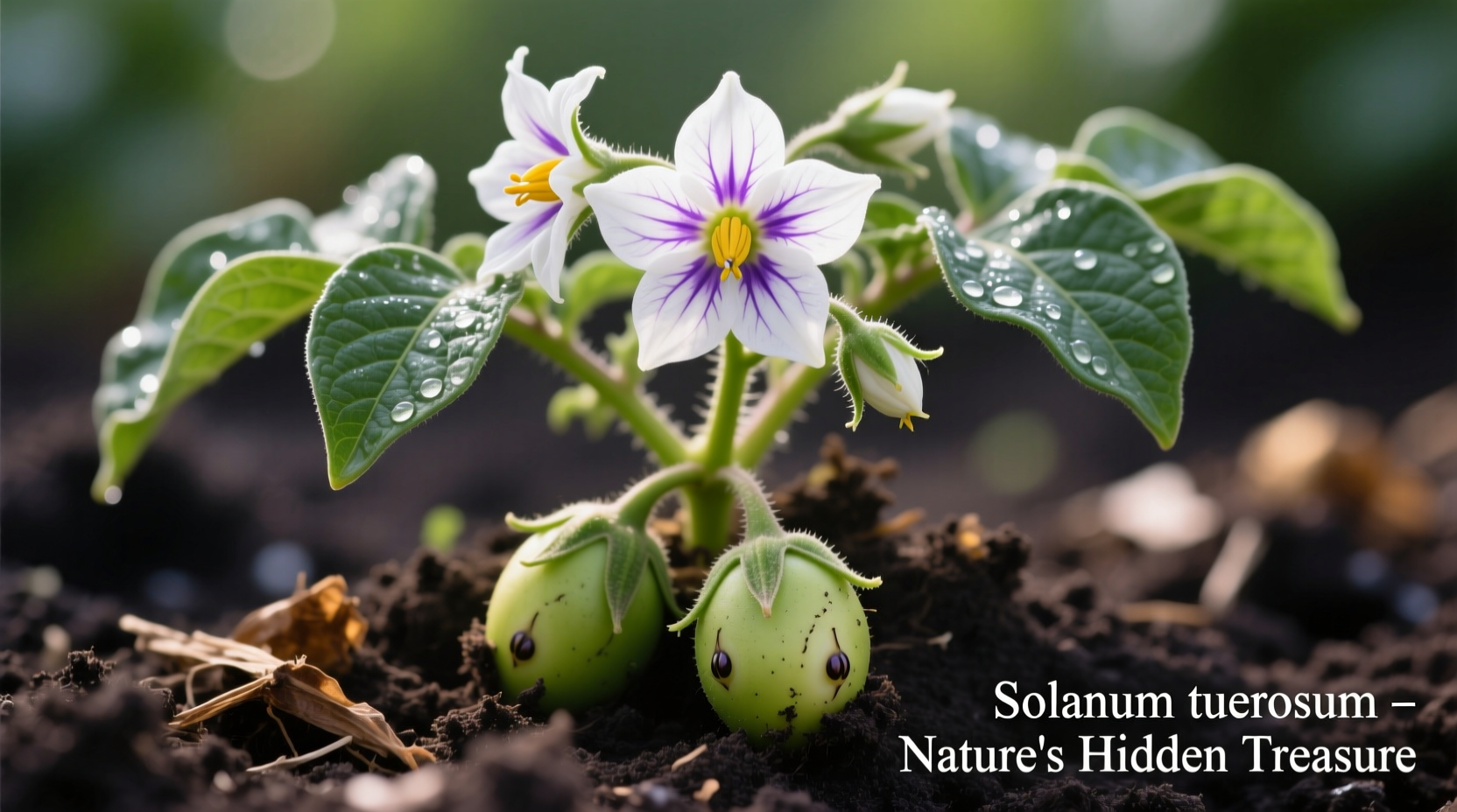 Close-up of Solanum tuberosum plant with flowers and developing tubers