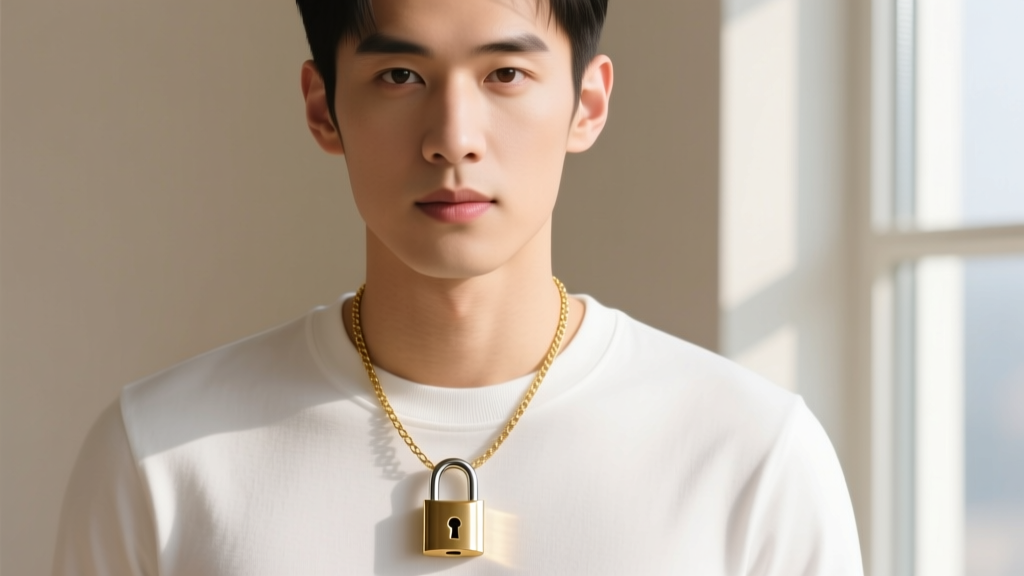 Man wearing a gold mens padlock necklace layered with a thin chain over a crisp white crewneck t-shirt in bright natural light.