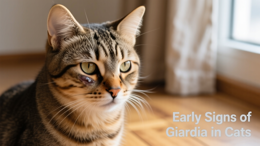 Close-up of a cat’s face looking slightly lethargic, with clean but dull coat—illustrating subtle early signs of Giardia