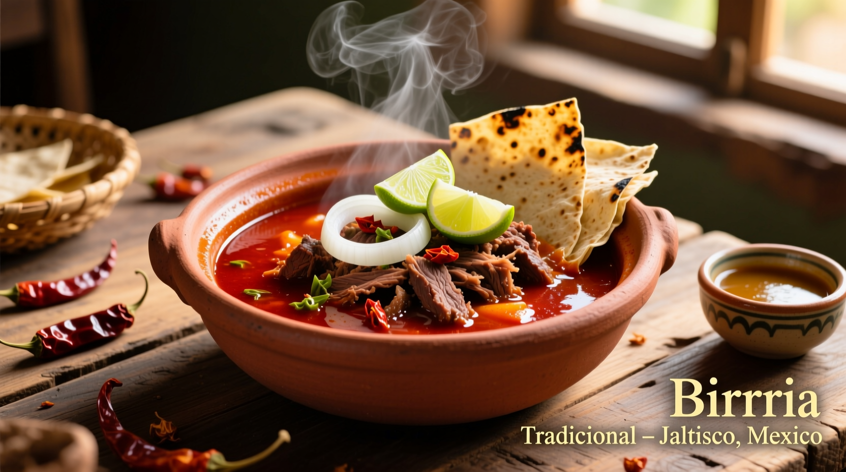 Traditional birria served in clay pot with lime and onions