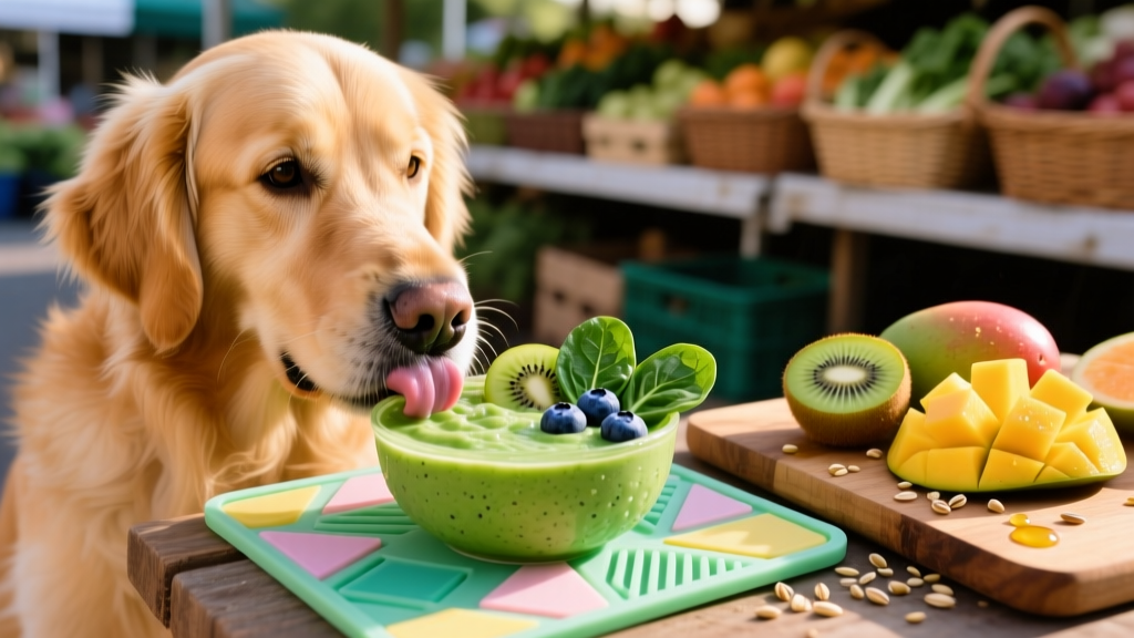 A dog licking a colorful smoothie from a silicone lick mat, with fresh fruit nearby
