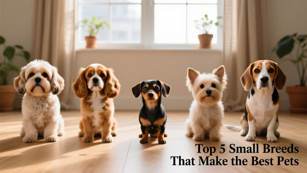 Side-by-side portraits of five small breeds: Havanese, Cavalier King Charles Spaniel, Mini Dachshund, Morkie, and Beagle—each looking alert and friendly