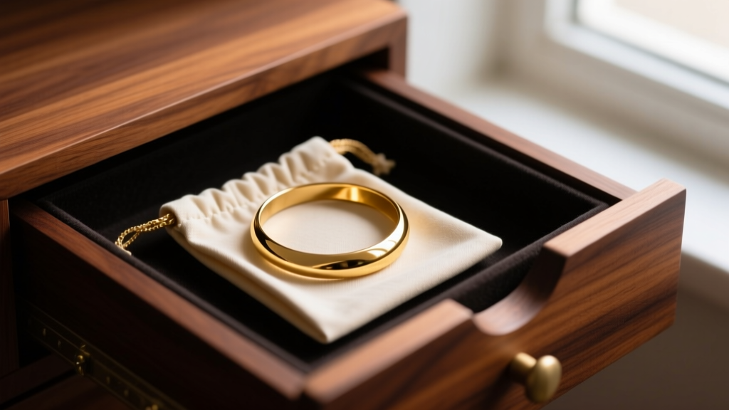 Anti-tarnish bag holding a gold-plated mood choker necklace, stored safely inside a dark, cedar-lined wooden jewelry drawer.