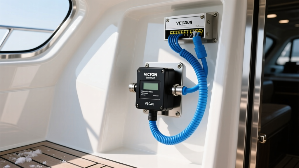 Victron SmartShunt battery monitor mounted in a marine battery compartment with a blue VE.Can cable routing up to the main NMEA network