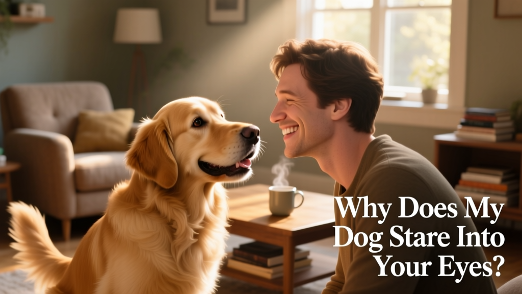 A happy dog and owner smiling at each other during a quiet moment at home