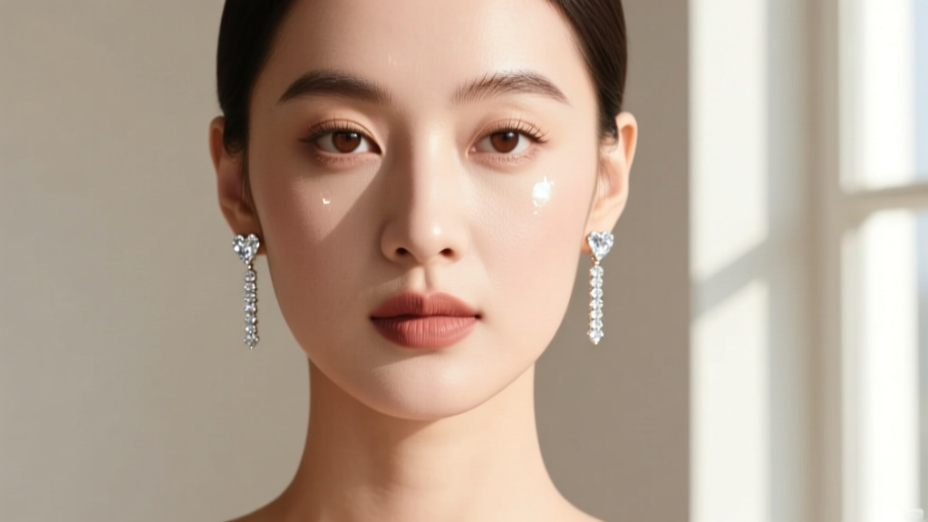 Close-up of a woman with a heart-shaped face wearing linear diamond drop earrings, illuminated by soft, natural window lighting
