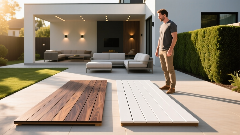 Homeowner comparing dark walnut composite and white PVC deck boards on a sunlit modern backyard patio surface