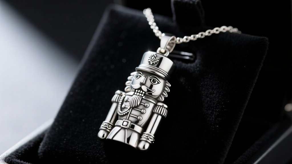 Close-up of an intricate 925 sterling silver nutcracker necklace pendant resting on a dark velvet jewelry display pad