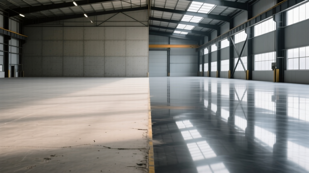 Split warehouse floor showing matte sealed concrete on left and highly reflective mechanically polished concrete on right