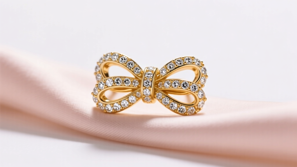 Macro shot of a 14k yellow gold bow earring with pavé diamond knots resting on blush silk fabric under soft studio lighting