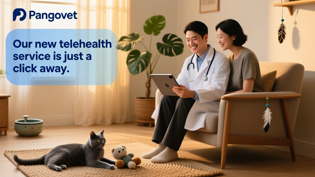 A friendly veterinarian video-calling a pet owner on a tablet while a calm cat sits nearby