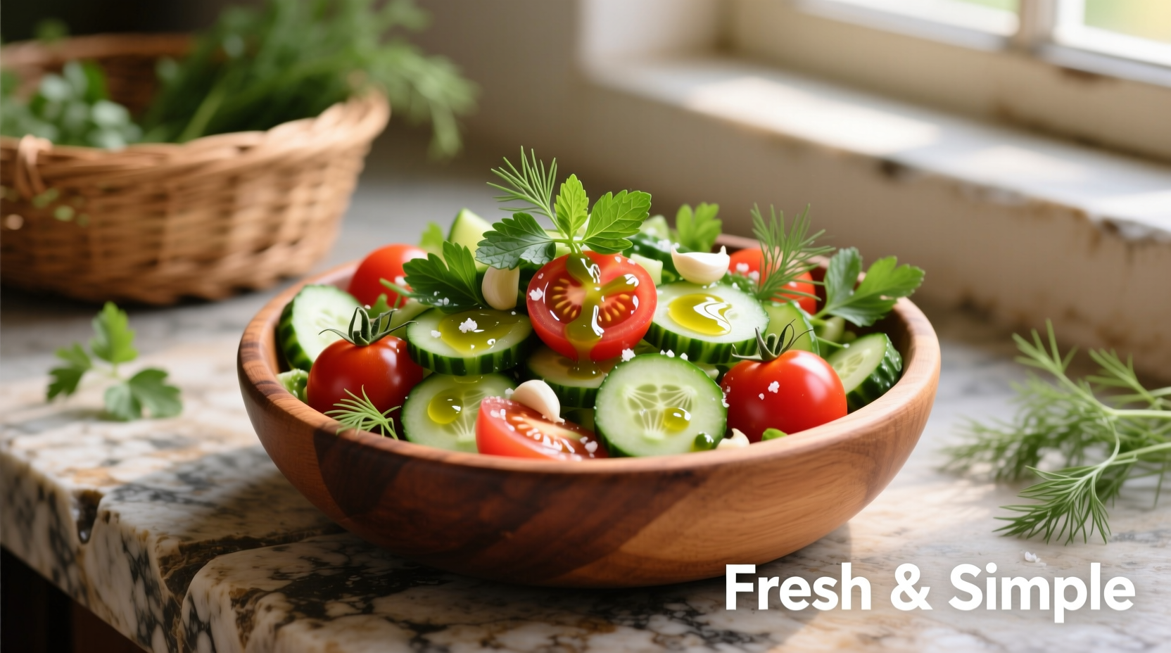 Fresh tomato cucumber salad with herb dressing