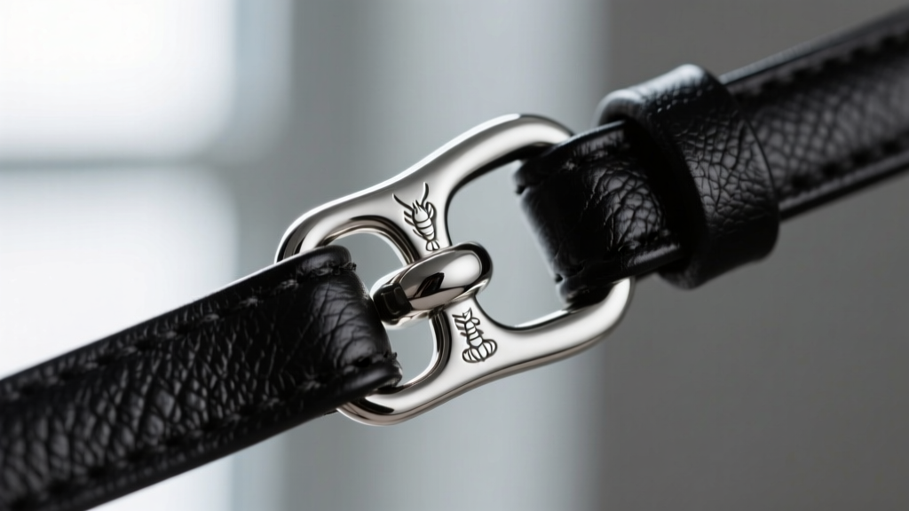 Extreme close-up showing the connection point where a polished sterling silver lobster clasp meets a thick black leather cord.