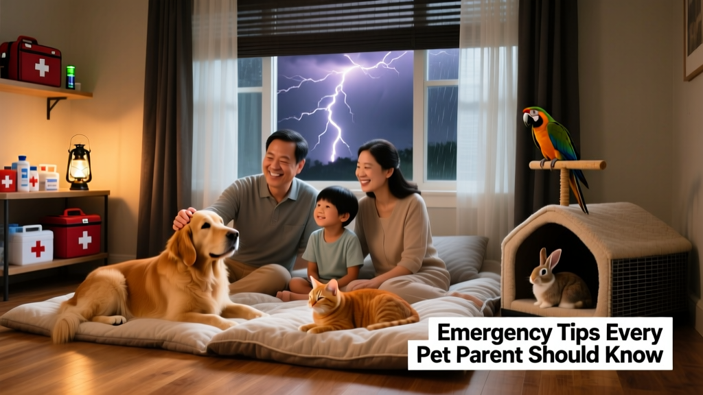 A family safely gathered indoors with their pets during a storm—windows covered, emergency kit visible, and pets calm on cozy bedding