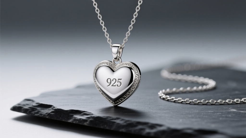 Polished 925 sterling silver heart pendant on a 1.2mm box chain, resting on dark slate stone with soft lighting.