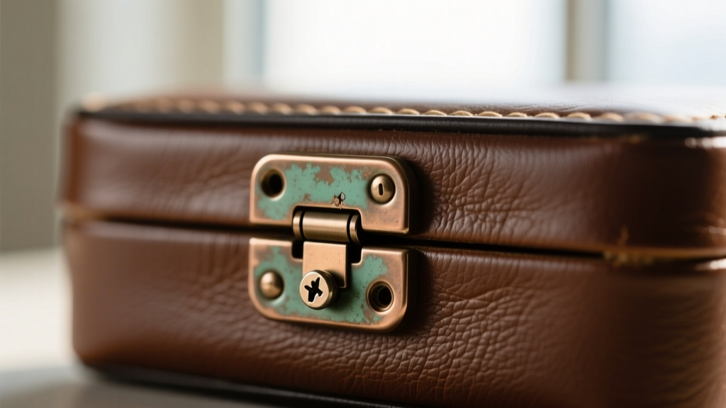 Macro shot of a small zinc-alloy hinge on a faux-leather jewelry box, revealing minor metal oxidation and a loose mounting screw.