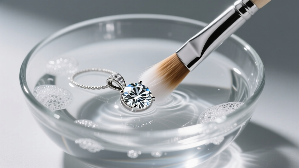Soft brush gently cleaning a platinum diamond pendant submerged in a glass bowl of soapy distilled water under bright studio lighting