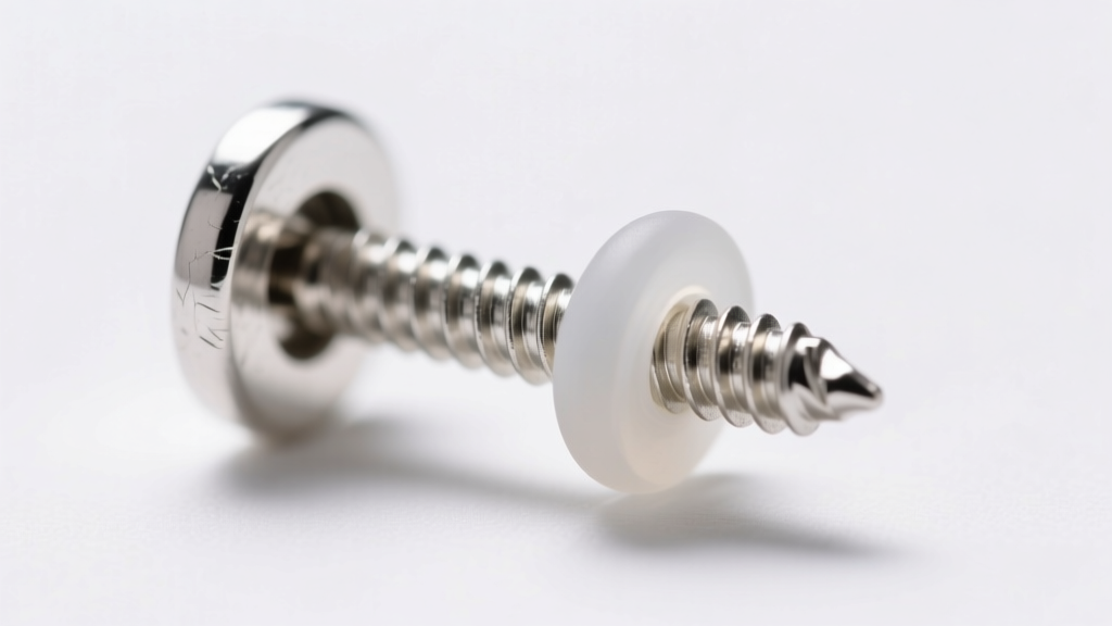 Macro photography of a sterling silver earring post showing the threaded screw-back mechanism securing a small silicone stopper.