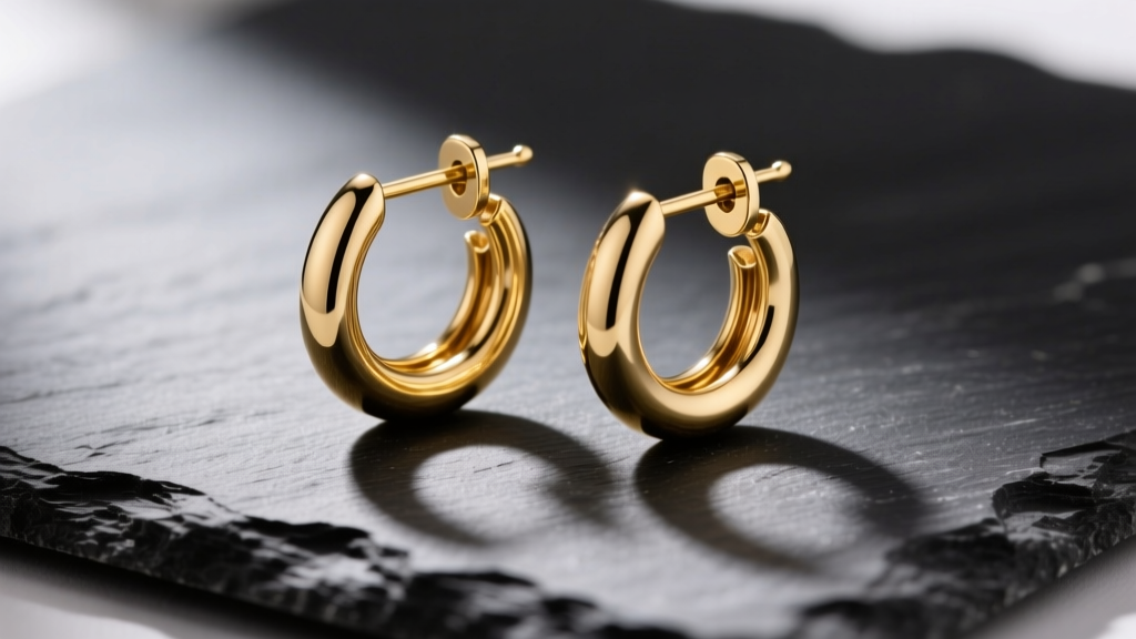 Two 14k gold double huggie hoop earrings on dark slate, softly lit to show metal grain and delicate hinge clasp mechanisms.