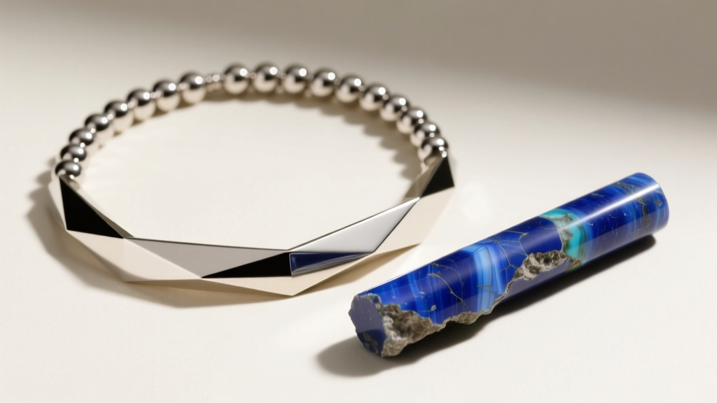 Flat lay of a polished steel beaded tube necklace beside a raw lapis lazuli tube necklace, showing contrasting textures and weights.