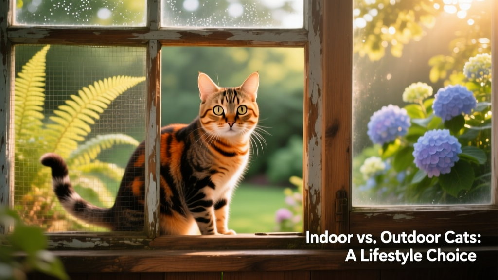 A curious tabby cat peering through a screened catio window, tail flicking, with lush greenery visible outside