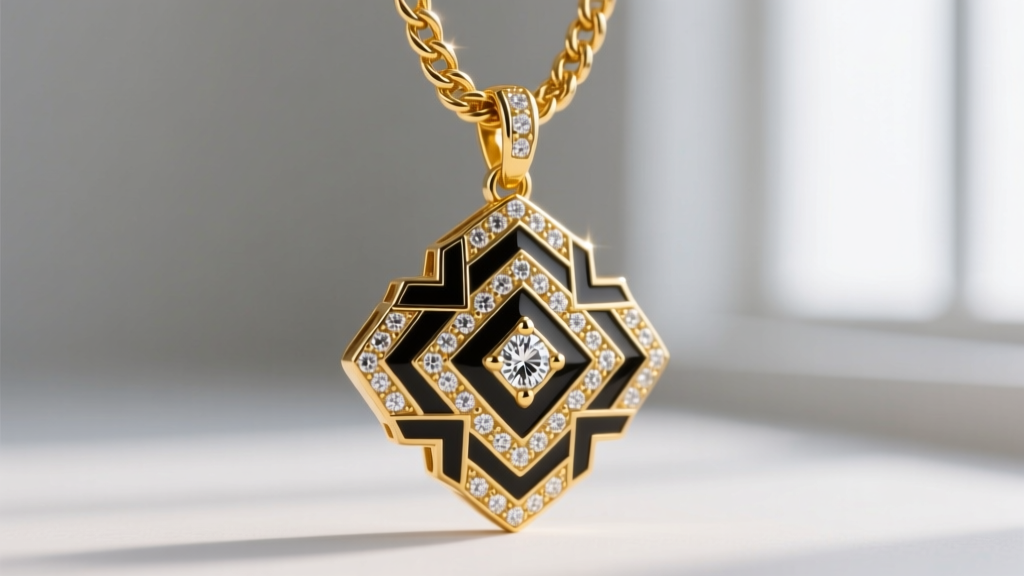 Macro shot of a heavy 14k yellow gold custom pendant with pavé-set diamonds and black vitreous enamel detailing on a thick chain