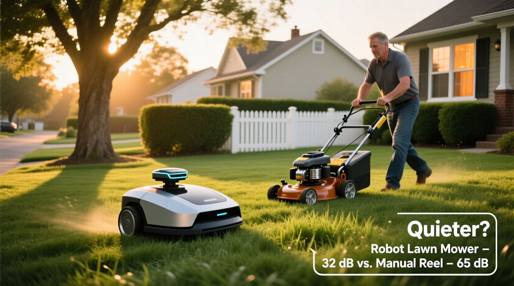 robot lawn mower vs manual reel which is quieter for suburbs