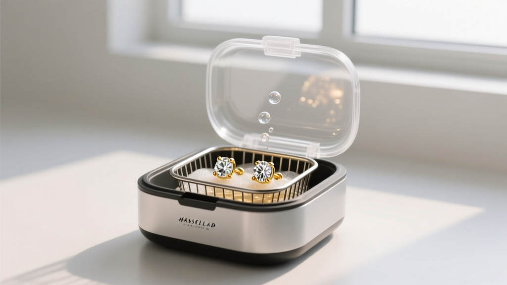 Ultrasonic cleaner with warm soapy water, showing solid 18k gold diamond stud earrings submerged inside the small steel basket.