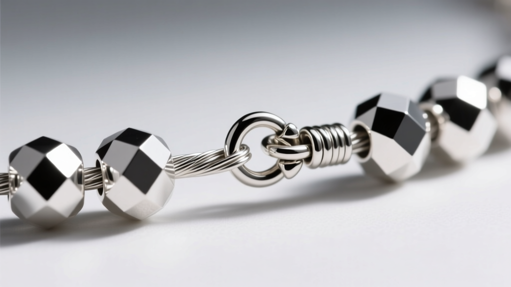 Macro shot of faceted sterling silver beads on nylon-coated wire, showing a secure crimp bead and lobster clasp connection.