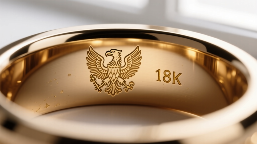 Macro photography of a ring shank interior showing a stamped French eagle head hallmark and a faded 18K gold purity mark.