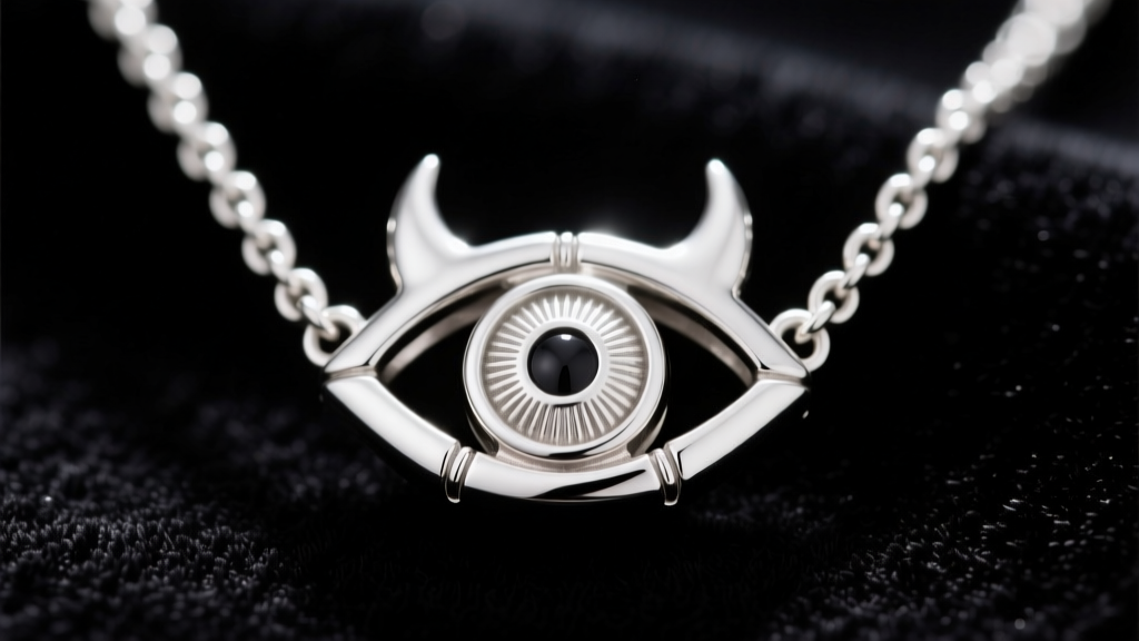 Close-up of a hidden bail on a sterling silver devil eye necklace, highlighting the rhodium plating and secure solder joints.
