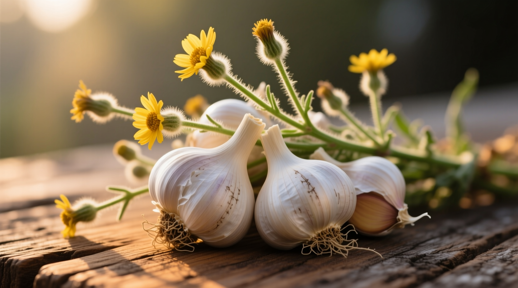Garlic cloves and mullein flowers on wooden surface