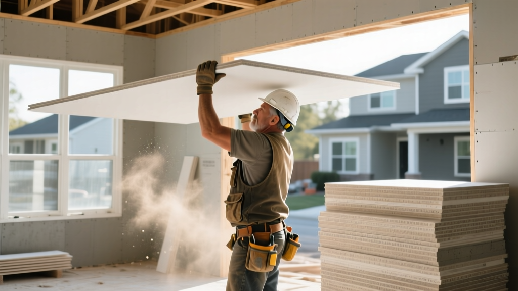 Construction worker lifting a standard 4x8 sheet of 1/2-inch gypsum board next to a stack of lightweight drywall and cement boards on a residential job site