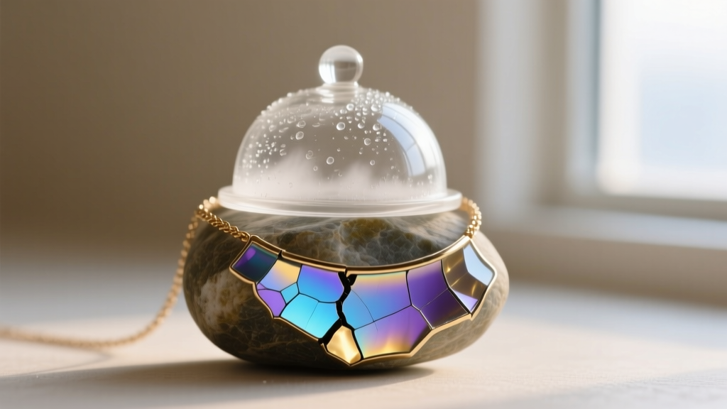 Macro photography of a cracked mood necklace stone revealing the layered thermochromic liquid crystal film and protective glass dome above it