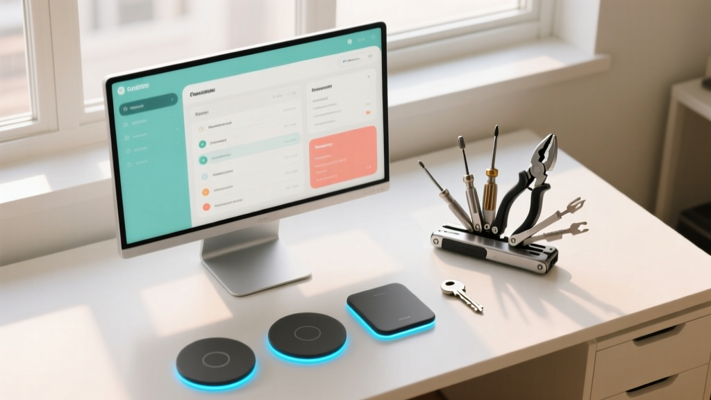 Overhead shot of a clutter-free workspace featuring a color e-ink productivity monitor, a smart modular multitool, and wireless charging pads