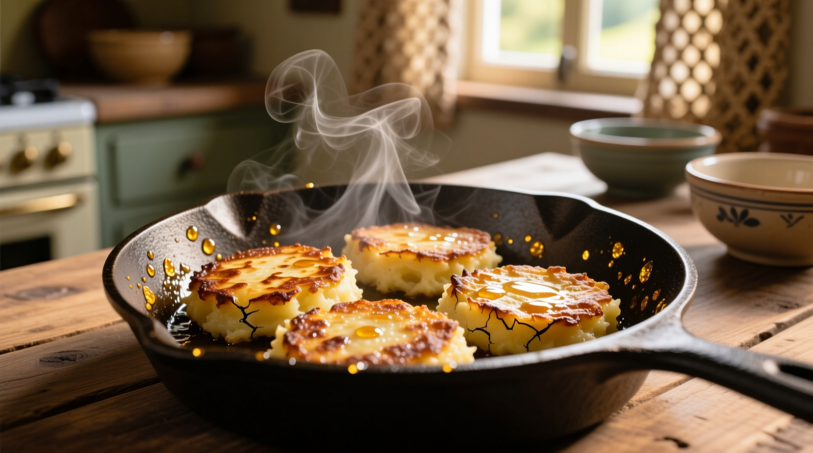 Golden brown mashed potato cakes sizzling in cast iron skillet