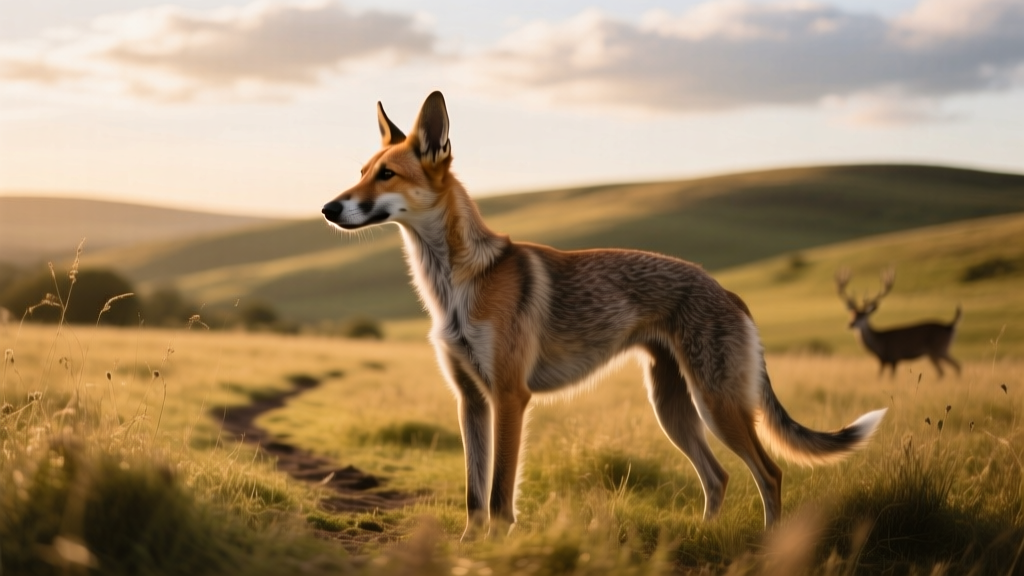 An English foxhound standing alert in open fields, ears lifted and nose testing the breeze