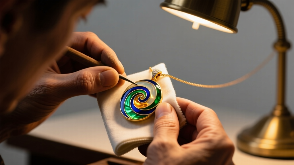 Close-up of a jeweler polishing a translucent guilloche enamel pendant necklace with a soft cloth under warm desk lighting.