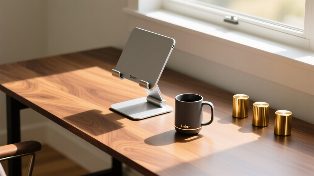 Overhead view of a pristine walnut home office desk featuring an Ember Mug 2, Moft Z laptop stand, and brass desk weights bathed in warm morning sunlight