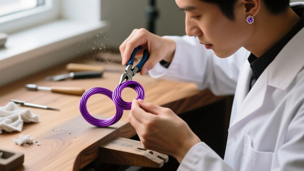 Jeweler using nylon-jaw pliers to bend vibrant purple anodized niobium wire into a seamless helix ear cuff on a wooden workbench
