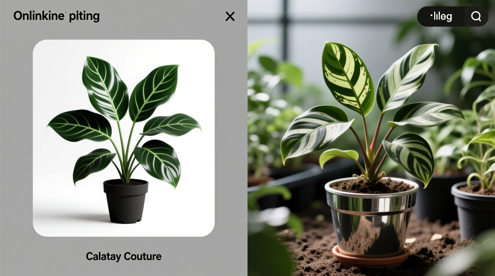 Spring 2024 online scam: 'Calathea Couture' listing (left) vs actual Calathea makoyana at nursery (right) - identical plant sold at 300% markup