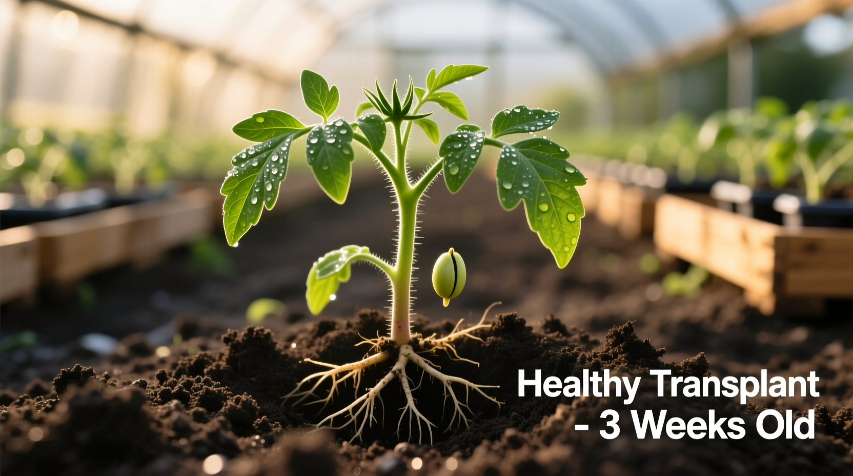 Tomato seedling transplanted deeply in soil with healthy growth