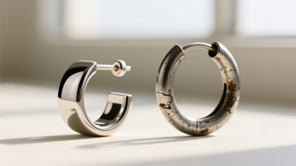 Macro photography comparing a polished niobium ear cuff and a scratched steel hoop, highlighting metal texture and finish details.