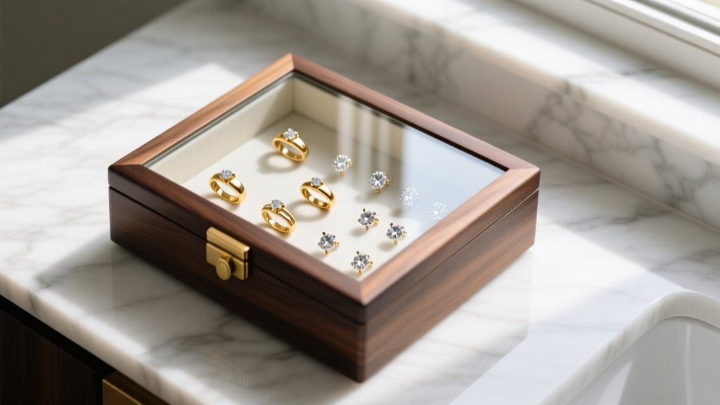 Top-down view of a solid walnut glass top jewelry box on a marble vanity, revealing organized gold rings and diamond stud earrings.