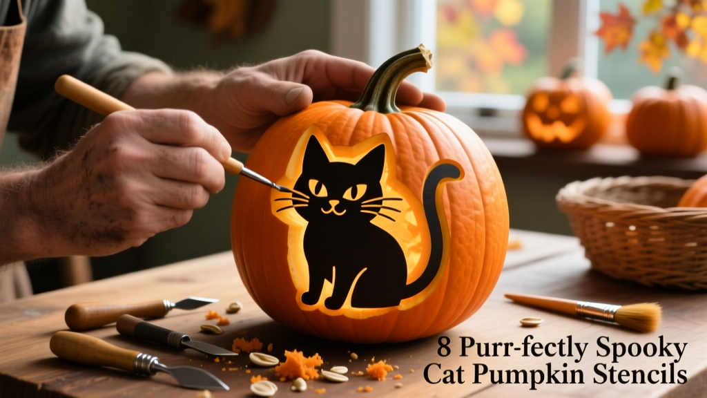Close-up of hands using a small carving tool to trace a cat stencil onto a pumpkin’s surface, with pumpkin guts and carving tools visible nearby