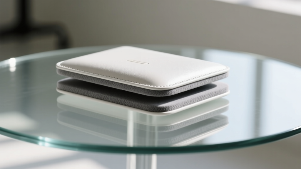 Macro shot of grey neoprene pads on the bottom of a modern white leather jewelry case resting on a clear glass table surface.