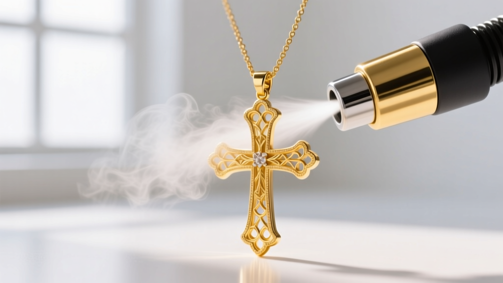Close-up of a professional steam cleaner nozzle blasting a 14k gold cross pendant, revealing intricate textures and polished edges
