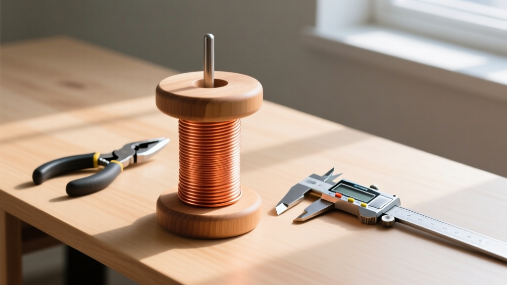 Wooden mandrel with bright copper wire coiled around it, resting next to flush cutters and a digital caliper on a wooden desk