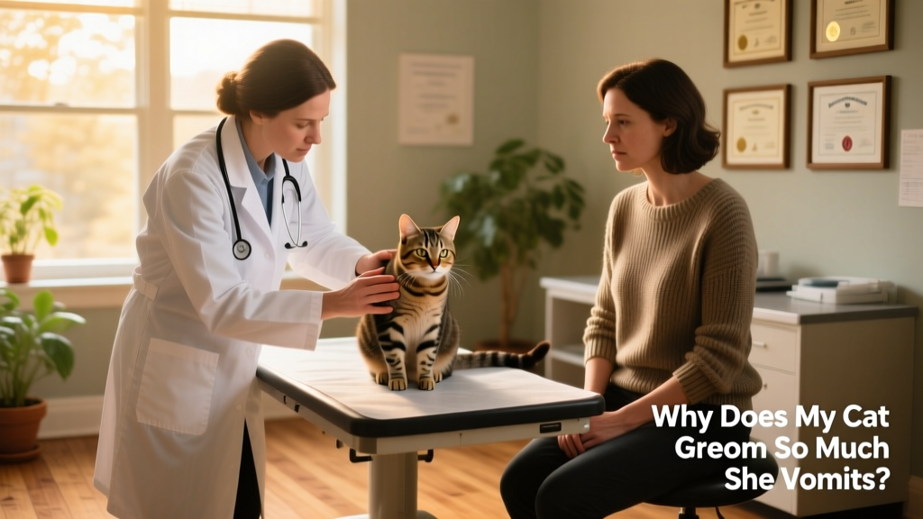 Veterinarian gently examining a cat’s skin while owner observes calmly